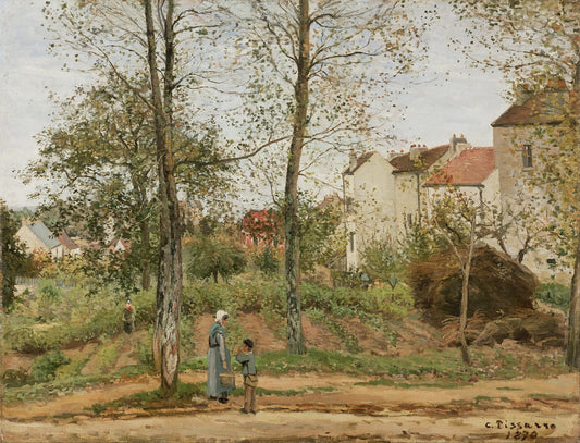 Painting by Camille Pissarro depicting a village in early autumn with trees, villagers, and traditional houses in the background.
