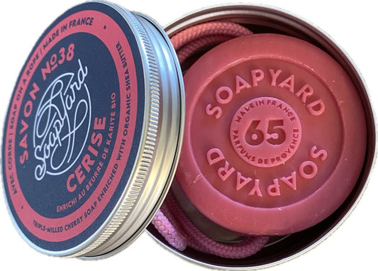 cherry soap in  recyclable and resuable aluminium tin which also serve as convenient travel container