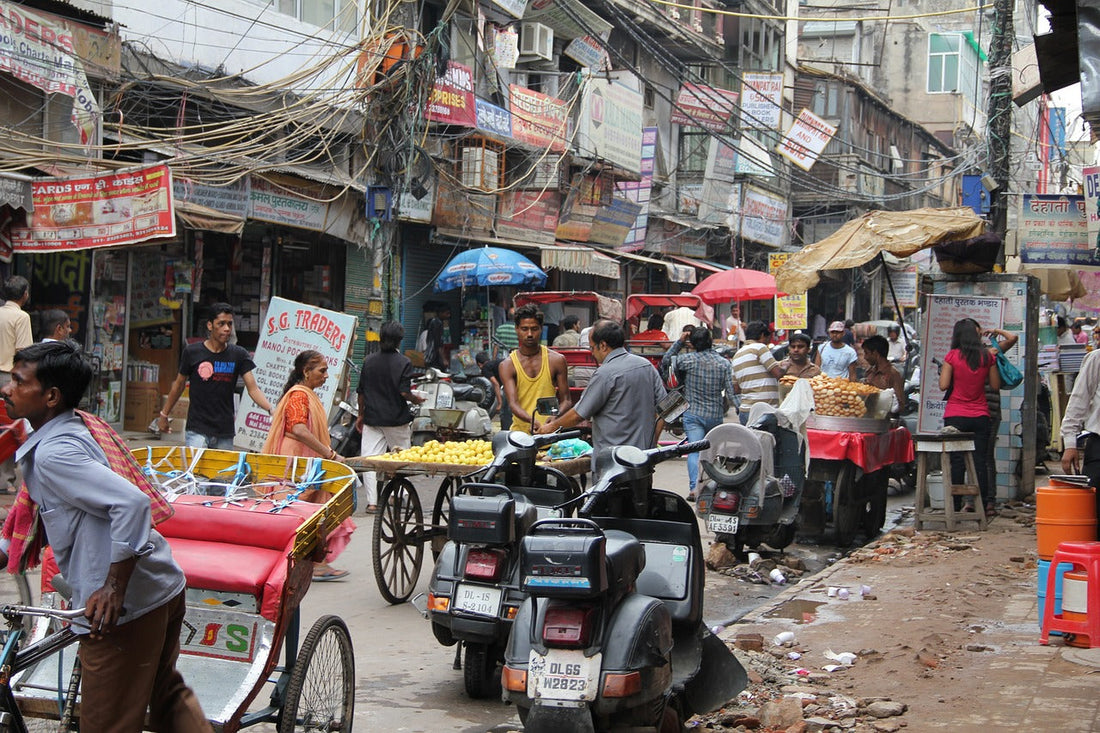 "Vivid Delhi street scene filled with colorful