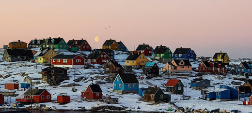 greenland at sunrise or sunset, little pretty houses