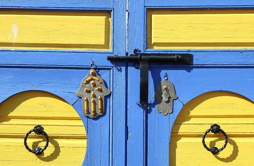 colourful moroccan door in yellow and bright blue