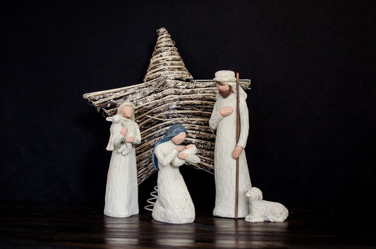 simple nativity, modern simple style with baby jesus, mary, joseah and a shepherd