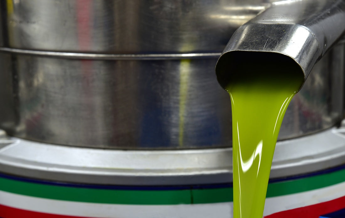 very green first press olive oil being poured from a steel vat